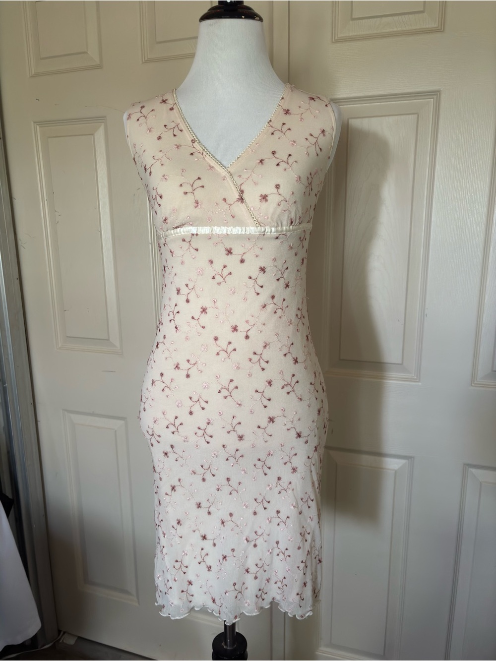 Y2K Floral Embroidered Cream Slip Dress